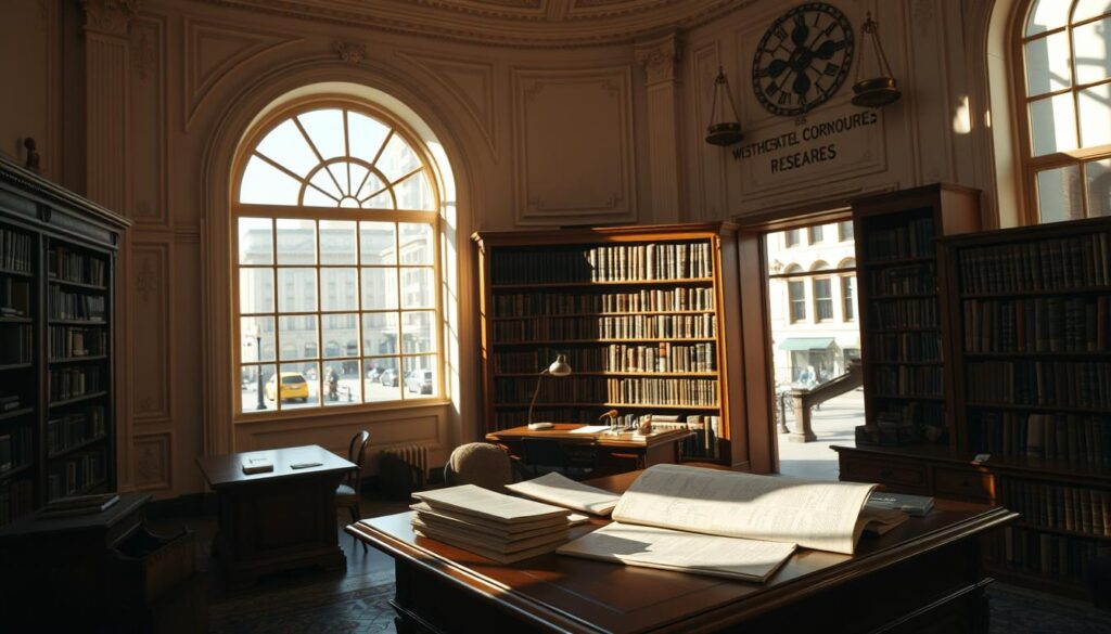 A bright, sunlit interior of a historic courthouse, the walls adorned with ornate architectural details. In the foreground, a researcher intently studying legal documents and land records spread out on a sturdy wooden desk. The middle ground features bookshelves filled with aged volumes, casting soft shadows across the scene. In the background, a large window provides a glimpse of the bustling city streets outside, creating a sense of connection between the past and present. The lighting is warm and inviting, conveying the serious yet captivating nature of the courthouse research process.