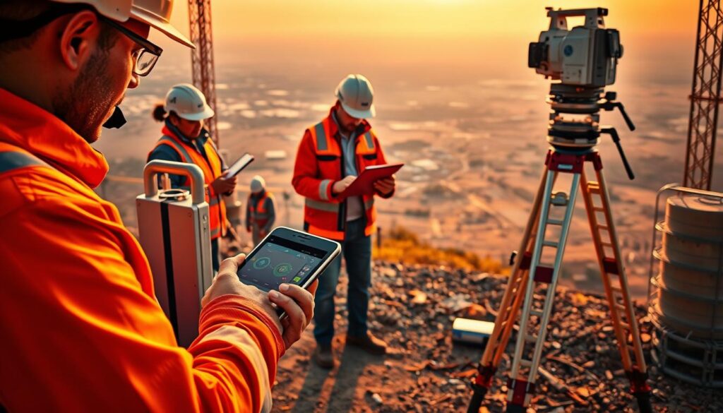 A bustling construction site, with a team of land surveyors using advanced technology to map the terrain. In the foreground, a surveyor operates a high-precision GNSS receiver, its sleek design and bright display catching the warm, golden-hour light. In the middle ground, another surveyor meticulously records data on a rugged, weatherproof tablet, while a third stands atop a sturdy tripod, adjusting a cutting-edge laser scanner. In the background, a sprawling landscape unfolds, captured in stunning detail by the state-of-the-art equipment. The scene conveys a sense of efficiency, innovation, and the critical role that technology plays in the modern land surveying profession. A bustling construction site, with a team of land surveyors using advanced technology to map the terrain. In the foreground, a surveyor operates a high-precision GNSS receiver, its sleek design and bright display catching the warm, golden-hour light. In the middle ground, another surveyor meticulously records data on a rugged, weatherproof tablet, while a third stands atop a sturdy tripod, adjusting a cutting-edge laser scanner. In the background, a sprawling landscape unfolds, captured in stunning detail by the state-of-the-art equipment. The scene conveys a sense of efficiency, innovation, and the critical role that technology plays in the modern land surveying profession.