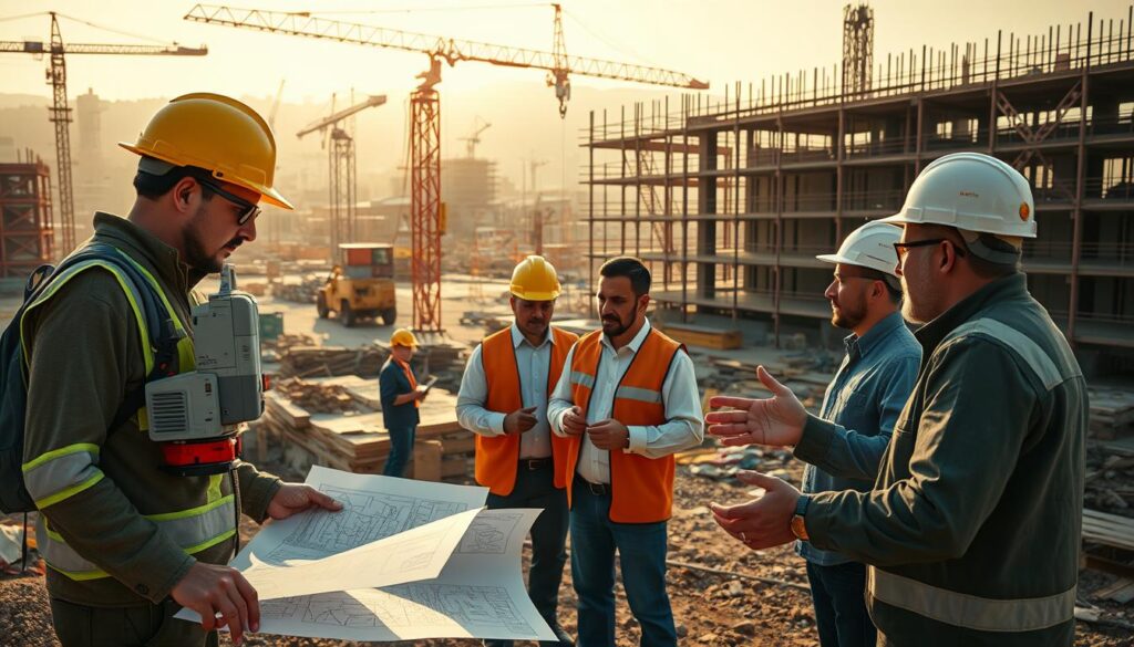 A bustling construction site, with surveyors and contractors collaborating intently. In the foreground, surveyors pore over detailed plans, using state-of-the-art surveying equipment to meticulously map the terrain. Nearby, contractors discuss the logistics, their hands gesturing animatedly as they coordinate the next steps. In the middle ground, a crane towers overhead, its arm swinging gracefully as it lifts heavy materials. The background is a patchwork of scaffolding, heavy machinery, and the unfinished structure taking shape. The scene is bathed in warm, golden light, lending a sense of productivity and progress. The overall mood is one of focused collaboration, as the two groups work in harmony to bring the project to life. A bustling construction site, with surveyors and contractors collaborating intently. In the foreground, surveyors pore over detailed plans, using state-of-the-art surveying equipment to meticulously map the terrain. Nearby, contractors discuss the logistics, their hands gesturing animatedly as they coordinate the next steps. In the middle ground, a crane towers overhead, its arm swinging gracefully as it lifts heavy materials. The background is a patchwork of scaffolding, heavy machinery, and the unfinished structure taking shape. The scene is bathed in warm, golden light, lending a sense of productivity and progress. The overall mood is one of focused collaboration, as the two groups work in harmony to bring the project to life.