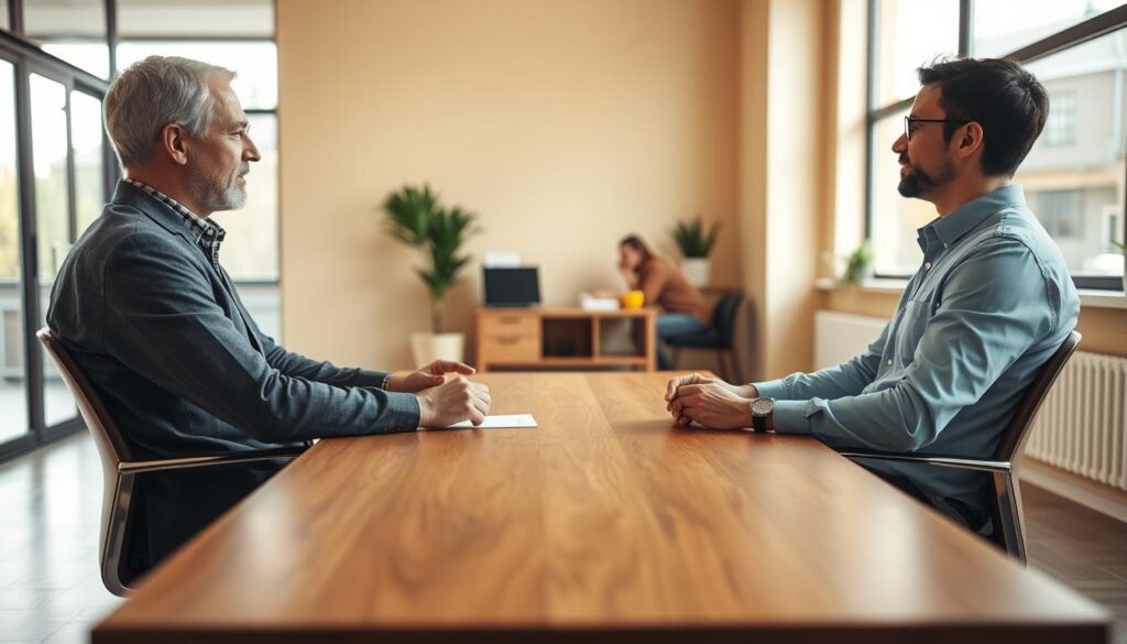 A calm, professional negotiation between two individuals in an office setting, as they discuss conflict resolution techniques. The scene has warm, natural lighting from large windows, and uses a wide, high-angle perspective to create a sense of openness and collaboration. The two people sit across a simple wooden table, their body language indicating active listening and a willingness to compromise. The background is blurred, keeping the focus on the discussion at hand. Overall, the image conveys a constructive, thoughtful approach to resolving interpersonal disputes. A calm, professional negotiation between two individuals in an office setting, as they discuss conflict resolution techniques. The scene has warm, natural lighting from large windows, and uses a wide, high-angle perspective to create a sense of openness and collaboration. The two people sit across a simple wooden table, their body language indicating active listening and a willingness to compromise. The background is blurred, keeping the focus on the discussion at hand. Overall, the image conveys a constructive, thoughtful approach to resolving interpersonal disputes.