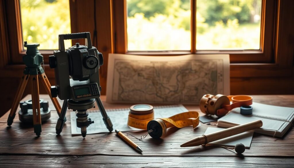 A collection of classic land surveying tools arranged on a rustic wooden table, illuminated by warm, natural lighting. In the foreground, a theodolite, a surveyor's compass, and a plumb bob stand prominently. In the middle ground, a topographic map, a measuring tape, and a set of field notes create a sense of the surveyor's work. The background features a window, allowing glimpses of a verdant outdoor landscape, hinting at the real-world applications of these tools. The overall scene conveys a sense of precision, tradition, and the evolving nature of land surveying technology.
