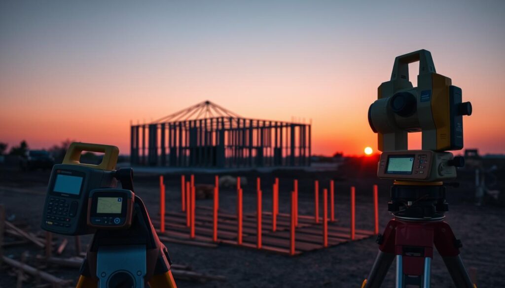 A construction site at dusk, with the orange glow of sunset casting long shadows across an array of surveying equipment and instruments. In the foreground, a GPS unit and a tripod-mounted total station stand ready, their digital displays illuminated. In the middle ground, wooden stakes are carefully arranged, indicating the precise locations of planned structures. In the background, the outlines of a partially constructed building frame rise against the darkening sky, hinting at the ongoing progress of the project. The scene conveys a sense of meticulous planning and preparation, essential for successful construction stake-outs. A construction site at dusk, with the orange glow of sunset casting long shadows across an array of surveying equipment and instruments. In the foreground, a GPS unit and a tripod-mounted total station stand ready, their digital displays illuminated. In the middle ground, wooden stakes are carefully arranged, indicating the precise locations of planned structures. In the background, the outlines of a partially constructed building frame rise against the darkening sky, hinting at the ongoing progress of the project. The scene conveys a sense of meticulous planning and preparation, essential for successful construction stake-outs.
