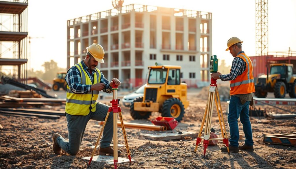 A construction site with workers using leveling grade rods to measure and level the ground. In the foreground, a worker carefully adjusts the rod, while another takes precise measurements. In the middle ground, heavy machinery and tools are visible, creating a sense of an active work environment. The background features a partially constructed building, emphasizing the application of leveling grade rods in construction projects. The scene is illuminated by warm, natural light, creating a sense of productivity and progress. The image conveys the essential role of leveling grade rods in construction and land surveying tasks.