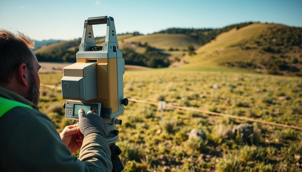 A detailed aerial view of a professional land surveyor conducting a comprehensive boundary survey. In the foreground, the surveyor is operating a high-precision total station, meticulously measuring and mapping the property lines. In the middle ground, survey markers are visible, precisely delineating the boundaries. The background features a rolling landscape with lush greenery, natural terrain, and a clear blue sky, creating a serene and picturesque setting for the survey work. The scene is illuminated by warm, natural lighting, capturing the technical expertise and diligence of the surveyor as they uncover the true limits of the property.