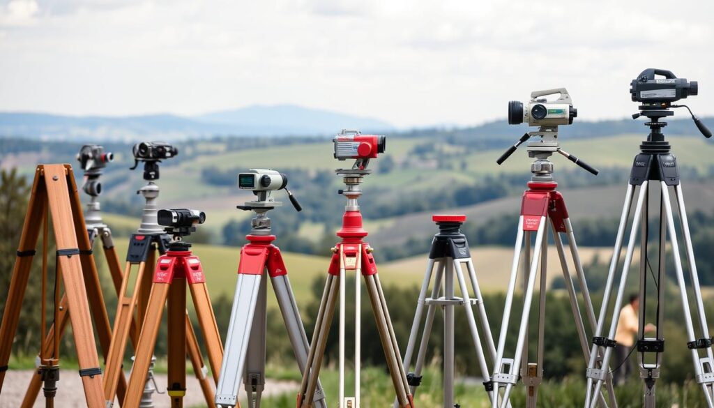 A detailed, high-resolution image showcasing various types of land surveying tripods. The foreground features a selection of tripods in different sizes, materials, and designs - from sturdy wooden models to sleek, lightweight aluminum ones. The middle ground depicts the tripods in use, with surveyors carefully adjusting the height and leveling the instruments. The background showcases a scenic landscape with rolling hills, trees, and a clear sky, creating a serene, professional atmosphere. The lighting is natural and diffused, highlighting the textures and details of the tripods. The overall composition emphasizes the diversity and functionality of these essential surveying tools.