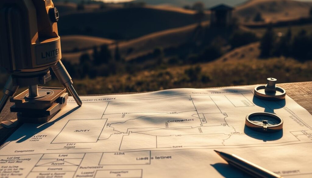 A detailed land survey diagram depicting a property boundary, with precise markings for lot lines, easements, and survey monuments. The scene is illuminated by a warm, natural light, casting shadows that accentuate the topographical features. The foreground showcases the survey tools - a theodolite, survey rods, and a compass - arranged neatly on a clipboard, suggesting the meticulous work of a skilled land surveyor. In the middle ground, the boundary lines are clearly delineated, with measured distances and angular bearings noted. The background reveals the surrounding landscape - rolling hills, trees, and perhaps a distant structure - providing context for the surveyed property. The overall mood conveys a sense of professionalism, precision, and the importance of accurate land measurement in resolving boundary disputes. A detailed land survey diagram depicting a property boundary, with precise markings for lot lines, easements, and survey monuments. The scene is illuminated by a warm, natural light, casting shadows that accentuate the topographical features. The foreground showcases the survey tools - a theodolite, survey rods, and a compass - arranged neatly on a clipboard, suggesting the meticulous work of a skilled land surveyor. In the middle ground, the boundary lines are clearly delineated, with measured distances and angular bearings noted. The background reveals the surrounding landscape - rolling hills, trees, and perhaps a distant structure - providing context for the surveyed property. The overall mood conveys a sense of professionalism, precision, and the importance of accurate land measurement in resolving boundary disputes.
