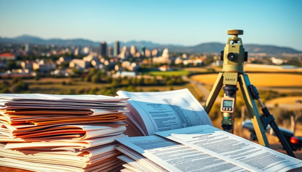 A detailed landscape depicting state-specific licensing requirements for land surveyors. In the foreground, a stack of documents and certificates representing different state regulations and certifications. In the middle ground, a surveyor's theodolite and other tools of the trade, conveying the practical application of these requirements. In the background, a cityscape or rural landscape, hinting at the diverse geographic settings where land surveyors operate. The scene is illuminated by warm, directional lighting, creating a sense of professionalism and authority. The overall composition conveys the complexity and importance of state-level licensing for this essential profession.