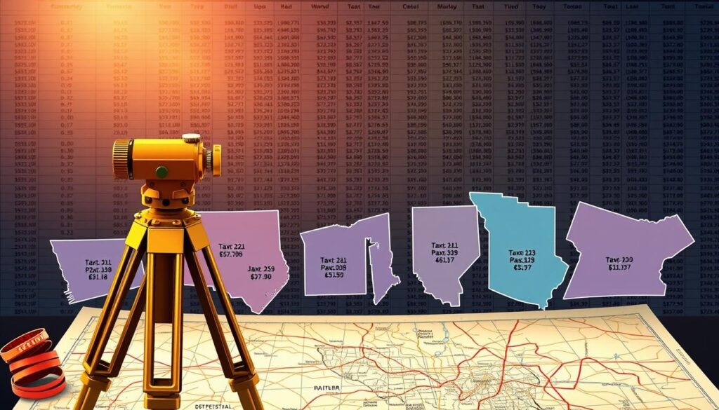 A detailed technical illustration depicting state income tax considerations for surveying professionals. The foreground showcases a surveyor's equipment, including a surveying tripod, compass, and topographic map. The middle ground features various state outlines, each with distinct tax rates and regulations visually represented through color-coded shading. The background comprises a complex spreadsheet or calculator interface, symbolizing the financial complexity of navigating multi-state licensing and taxation. The scene is illuminated by warm, directional lighting, creating a sense of depth and professionalism. The overall tone conveys the importance of carefully considering the financial implications of working across state lines as a surveyor. A detailed technical illustration depicting state income tax considerations for surveying professionals. The foreground showcases a surveyor's equipment, including a surveying tripod, compass, and topographic map. The middle ground features various state outlines, each with distinct tax rates and regulations visually represented through color-coded shading. The background comprises a complex spreadsheet or calculator interface, symbolizing the financial complexity of navigating multi-state licensing and taxation. The scene is illuminated by warm, directional lighting, creating a sense of depth and professionalism. The overall tone conveys the importance of carefully considering the financial implications of working across state lines as a surveyor.
