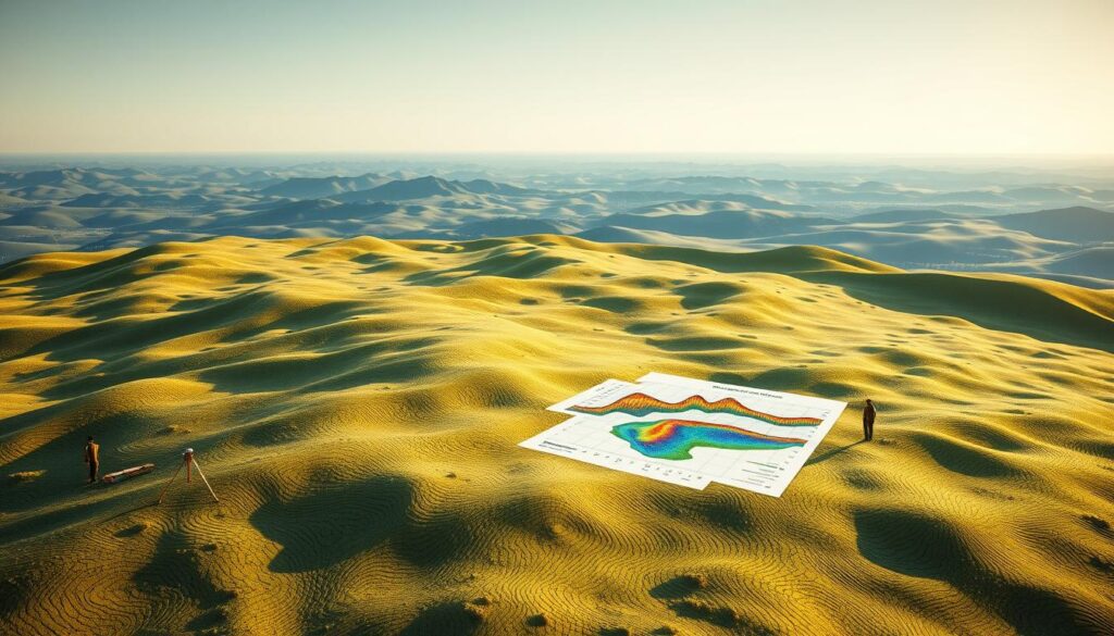 A detailed topographic survey analysis, featuring a meticulously rendered 3D landscape with contour lines, elevation data, and survey markers. The scene is illuminated by soft, natural lighting, creating depth and shadows that accentuate the terrain's undulations. The foreground showcases a survey crew taking measurements, while the middle ground displays a comprehensive data visualization with topographic maps, elevation profiles, and color-coded height variations. In the background, rolling hills and a distant horizon provide a sense of scale and context, hinting at the broader geographic setting. The overall atmosphere conveys the precision, technical rigor, and analytical nature of the topographic survey process.