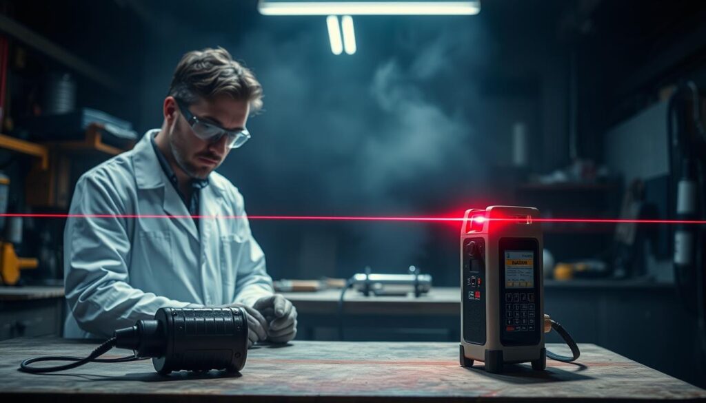 A dimly lit industrial workshop, workbenches lined with various tools and equipment. In the foreground, a laser distance measuring device sits prominently, its bright red beam cutting through the air. Nearby, a technician in a lab coat and safety goggles examines the device, demonstrating proper handling and usage. The background is hazy, emphasizing the importance of controlled lighting and awareness of potential hazards. Subtle warning signs and safety instructions are visible, reinforcing the need for caution and adherence to best practices when using laser-based equipment.