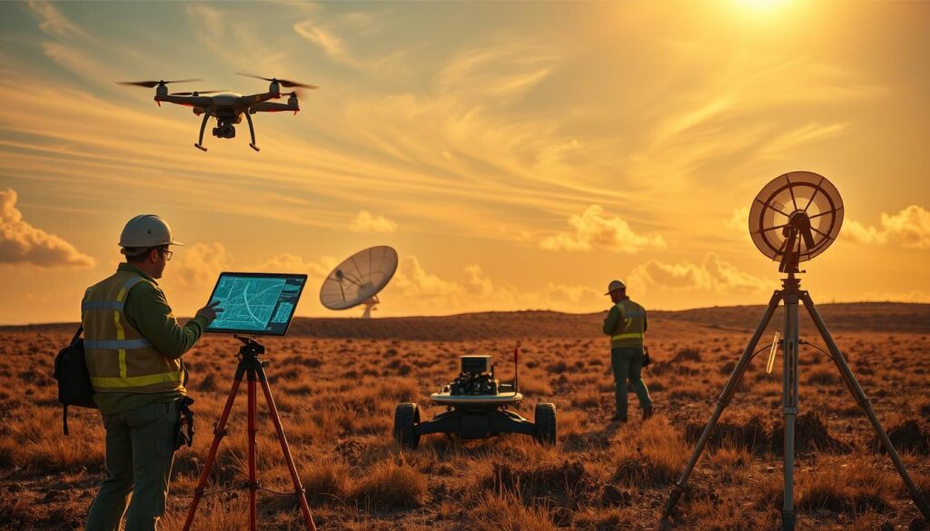 A field survey team using cutting-edge geospatial technologies - a drone hovers overhead, capturing aerial imagery while ground-based LiDAR scanners precisely map the terrain. In the foreground, a surveyor examines a holographic display, overlaying digital blueprints onto the real-world landscape. The middle ground features an autonomous robotic rover, navigating the site and gathering soil samples. In the background, a satellite dish communicates real-time data to a command center, where analysts interpret the information using advanced AI-powered analytics. Warm sunlight filters through wispy clouds, casting a futuristic glow over the scene of innovative land surveying practices. A field survey team using cutting-edge geospatial technologies - a drone hovers overhead, capturing aerial imagery while ground-based LiDAR scanners precisely map the terrain. In the foreground, a surveyor examines a holographic display, overlaying digital blueprints onto the real-world landscape. The middle ground features an autonomous robotic rover, navigating the site and gathering soil samples. In the background, a satellite dish communicates real-time data to a command center, where analysts interpret the information using advanced AI-powered analytics. Warm sunlight filters through wispy clouds, casting a futuristic glow over the scene of innovative land surveying practices.