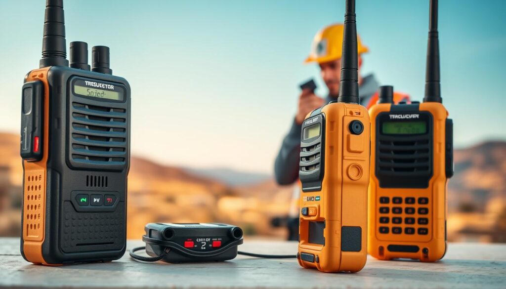 A high-quality image of professional-grade two-way radios suitable for land surveying work. The radios are depicted in the foreground, showcasing their robust, durable construction and weather-resistant design. The middle ground features a surveyor using one of the radios while on-site, emphasizing their critical role in maintaining clear communication during surveying operations. The background depicts a scenic outdoor landscape, highlighting the typical work environment of land surveyors. The overall lighting is warm and natural, conveying a sense of professionalism and practicality. The camera angle is positioned to capture the radios and the surveyor in an engaging, visually appealing composition.