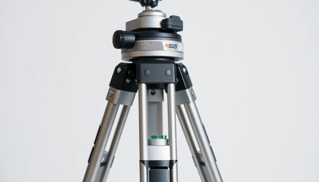 A high-quality, professional-grade surveying tripod stands tall against a seamless white backdrop, its sturdy aluminum legs and precision-engineered head gleaming under soft, even lighting. The tripod's adjustable legs and locking mechanisms are clearly visible, showcasing the intricate engineering that allows for stable, secure positioning of surveying equipment. In the foreground, the tripod's quick-release plate and bubble level come into focus, highlighting the attention to detail and practical features that make this a must-have tool for land surveyors. The overall impression conveys the importance of a reliable, durable tripod in ensuring accurate, high-quality surveying work.