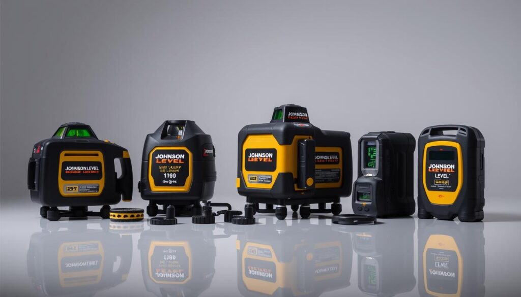 A high-quality, well-lit studio shot of a variety of Johnson Level laser levels and accessories, including a line laser, rotary laser, and laser distance measure, arranged neatly on a clean, reflective surface. The Johnson Level branding and product names are clearly visible. The lighting is balanced, creating depth and highlighting the details of the tools. The composition is visually appealing, with the products arranged in an organized, symmetrical layout against a plain, neutral background that allows the tools to take center stage.