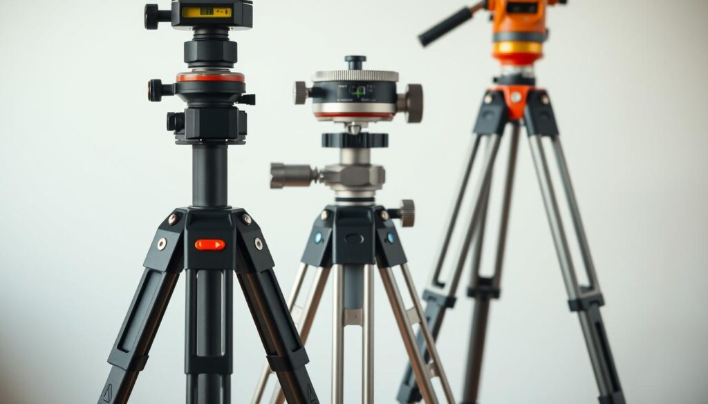 A high-resolution professional photograph of land surveying tripods, showcasing their key components. The tripod stands in the foreground, with a clean, minimalist background. The image captures the tripod's sturdy construction, adjustable legs, and precision level. In the middle ground, the tripod's metal components, such as the head, tilt mechanism, and locking knobs, are clearly visible, highlighting the engineering and attention to detail. The lighting is soft and natural, emphasizing the tripod's sleek design and functionality. The overall mood is one of precision, reliability, and technical expertise, reflecting the importance of these tools in accurate site mapping.