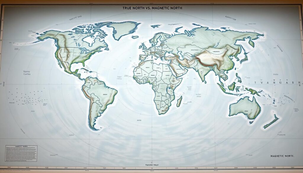 A highly detailed, scientifically accurate magnetic declination map, showcasing the nuanced variations in the Earth's magnetic field. The map is displayed on a large physical chart, meticulously rendered with a muted color palette of blues, greens, and grays. The topography is subtly shaded, providing depth and context. Crisp, high-resolution lines delineate the isogonic lines, clearly illustrating the angular differences between true north and magnetic north. The map is presented under soft, even lighting, creating a sense of authority and precision. The overall composition emphasizes the map's utility for land surveying and navigation, capturing the essence of the "True North vs. Magnetic North" section of the article. A highly detailed, scientifically accurate magnetic declination map, showcasing the nuanced variations in the Earth's magnetic field. The map is displayed on a large physical chart, meticulously rendered with a muted color palette of blues, greens, and grays. The topography is subtly shaded, providing depth and context. Crisp, high-resolution lines delineate the isogonic lines, clearly illustrating the angular differences between true north and magnetic north. The map is presented under soft, even lighting, creating a sense of authority and precision. The overall composition emphasizes the map's utility for land surveying and navigation, capturing the essence of the "True North vs. Magnetic North" section of the article.