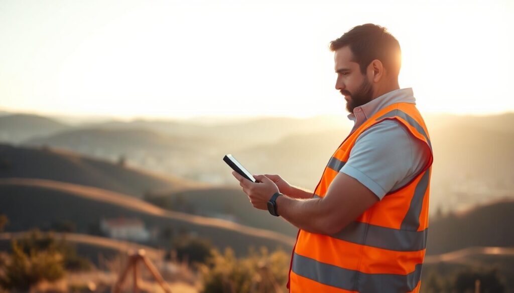 A land surveyor, dressed in a high-visibility vest, stands in a serene outdoor setting, intently focused on a handheld device, possibly a GPS or survey equipment. The sun casts a warm, golden glow, creating a sense of tranquility. In the background, rolling hills or a cityscape provide a picturesque backdrop, suggesting a balanced work environment. The surveyor's stance is relaxed, conveying a sense of efficiency and control over their work-life integration. The scene is captured with a wide-angle lens, emphasizing the harmony between the surveyor's technological tools and the natural surroundings, embodying the idea of leveraging technology to achieve a work-life balance. A land surveyor, dressed in a high-visibility vest, stands in a serene outdoor setting, intently focused on a handheld device, possibly a GPS or survey equipment. The sun casts a warm, golden glow, creating a sense of tranquility. In the background, rolling hills or a cityscape provide a picturesque backdrop, suggesting a balanced work environment. The surveyor's stance is relaxed, conveying a sense of efficiency and control over their work-life integration. The scene is captured with a wide-angle lens, emphasizing the harmony between the surveyor's technological tools and the natural surroundings, embodying the idea of leveraging technology to achieve a work-life balance.