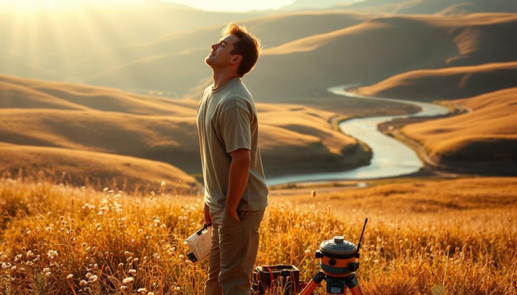 A land surveyor stands in a sun-dappled field, taking in a deep breath of fresh air. Their posture is relaxed, yet alert, as they gaze out over the rolling hills. The scene is bathed in warm, golden light, creating a sense of tranquility and inner peace. In the foreground, a field of wildflowers sways gently in the breeze, while in the distance, a winding river reflects the clear sky. The surveyor's equipment is neatly organized nearby, a testament to their diligence and attention to detail. This image conveys the physical and mental well-being that can be achieved through mindful practices and a connection to the natural world, as land surveyors strive to maintain a healthy work-life balance. A land surveyor stands in a sun-dappled field, taking in a deep breath of fresh air. Their posture is relaxed, yet alert, as they gaze out over the rolling hills. The scene is bathed in warm, golden light, creating a sense of tranquility and inner peace. In the foreground, a field of wildflowers sways gently in the breeze, while in the distance, a winding river reflects the clear sky. The surveyor's equipment is neatly organized nearby, a testament to their diligence and attention to detail. This image conveys the physical and mental well-being that can be achieved through mindful practices and a connection to the natural world, as land surveyors strive to maintain a healthy work-life balance.