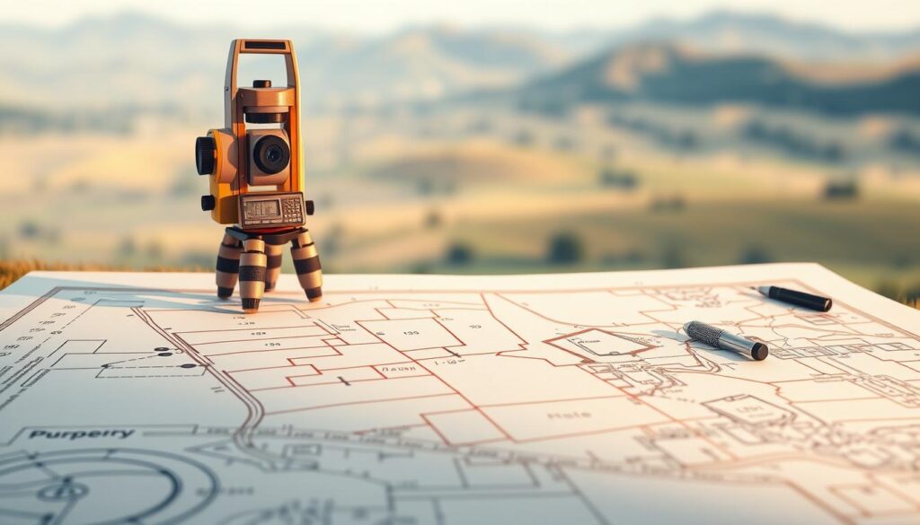A meticulously detailed technical illustration of a comprehensive property boundary survey, showcased against a clean and professional backdrop. The foreground features a blueprint-style layout with precise measurements, property lines, and geographic markers, rendered in a muted color palette. The middle ground depicts a surveyor's transit and other surveying equipment, cast in warm, directional lighting to emphasize their importance. The background is a softly blurred landscape, allowing the technical elements to take center stage and convey the legal and technical nature of the subject matter. The overall composition strikes a balance between technical precision and visual appeal, creating an informative and aesthetically pleasing image.