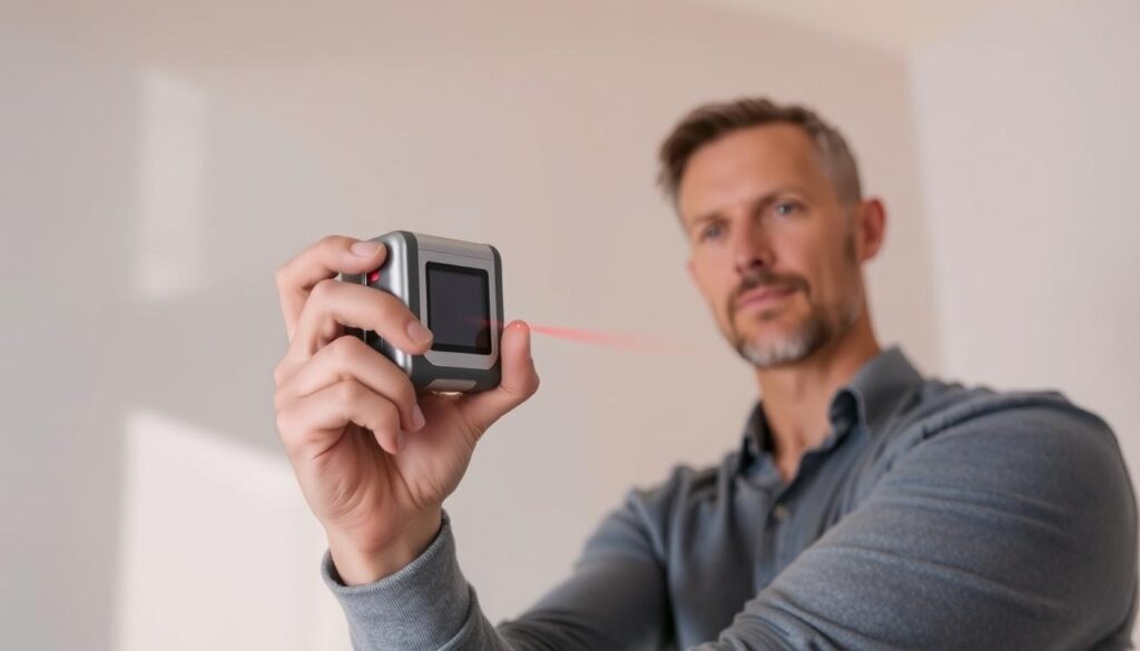 A person holding a sleek, silver laser distance measuring device in their hand, the device's display illuminated as they aim it towards a wall in a modern, well-lit interior. The background features a neutral-toned wall, with soft shadows cast by the device's laser beam. The lighting is natural, with a warm, diffused glow that accentuates the device's metallic finish. The person's expression is focused, their stance confident as they utilize the precision tool to take accurate measurements for a home improvement project.