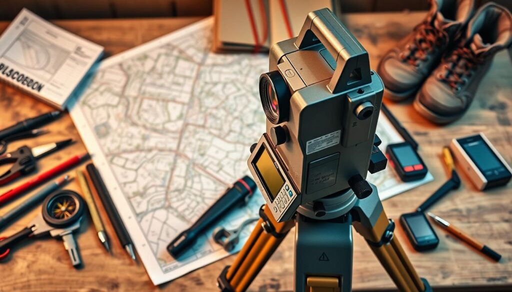 A professional-grade land surveyor's equipment spread out in a meticulously organized fashion on a sturdy wooden workbench. In the foreground, a high-precision digital theodolite with a sleek, angular design sits atop a sturdy tripod, its intricate controls and lenses reflecting the warm glow of a studio light. Surrounding it are a range of indispensable tools, including a magnetic compass, a measuring tape, and a hand-held GPS unit. In the middle ground, a topographic map unfurls, its contours and elevations hinting at the complex terrain the surveyor must navigate. In the background, a set of durable, weathered field notebooks and a pair of rugged work boots suggest the outdoor environment where this equipment is regularly employed.