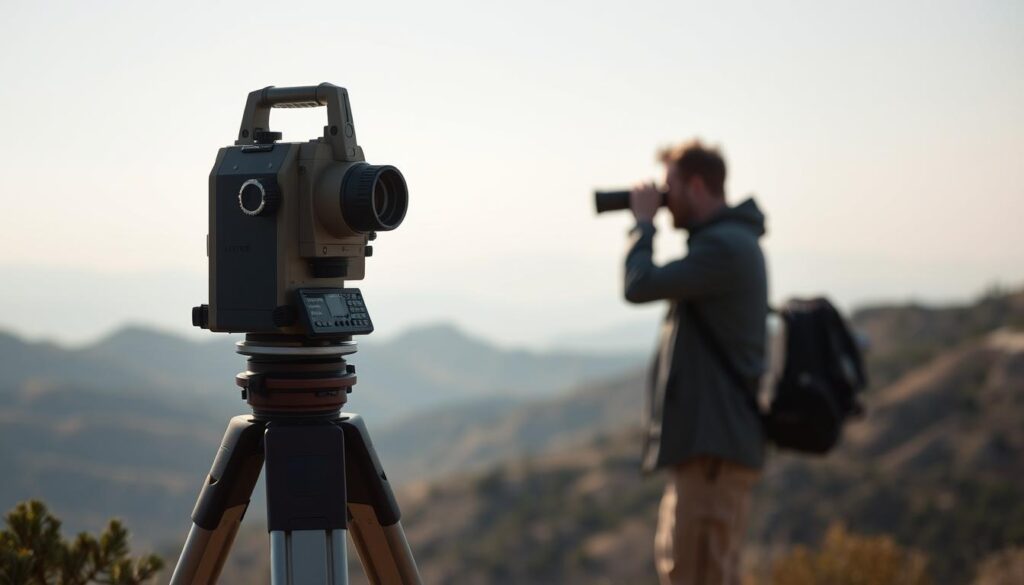 A professional-grade theodolite stands prominently on a sturdy tripod in the foreground, its precise lenses and dials glinting under soft, even lighting. In the middle ground, a surveyor carefully aligns the instrument, peering through the eyepiece to take accurate measurements of the surrounding landscape. In the background, rolling hills and distant peaks recede into a hazy, atmospheric horizon, conveying the scale and importance of the surveying work. The scene evokes a sense of technical expertise, methodical precision, and the vital role that surveying equipment plays in understanding and mapping the natural world.