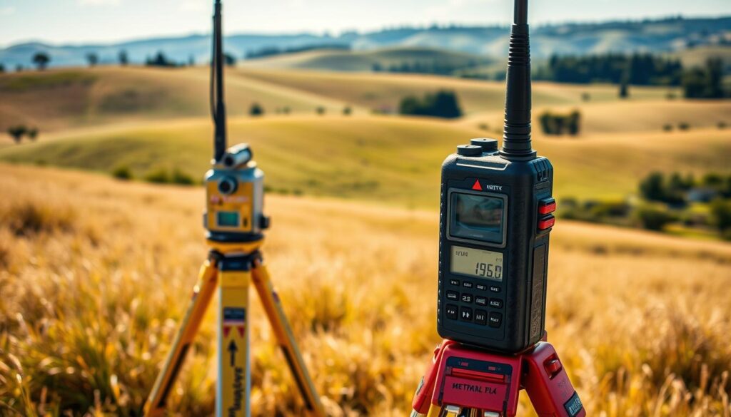A professional grade two-way radio with a rugged, impact-resistant housing, large buttons and intuitive controls, sits atop a survey tripod in a sun-dappled field. The radio's high-gain antenna and multiple channels enable clear communication between the surveyor in the foreground and their team members working across the rolling landscape. In the middle ground, a surveyor uses a digital transit level to precisely measure angles, while in the background, rolling hills and distant trees create a natural, serene setting for this essential surveying workflow.