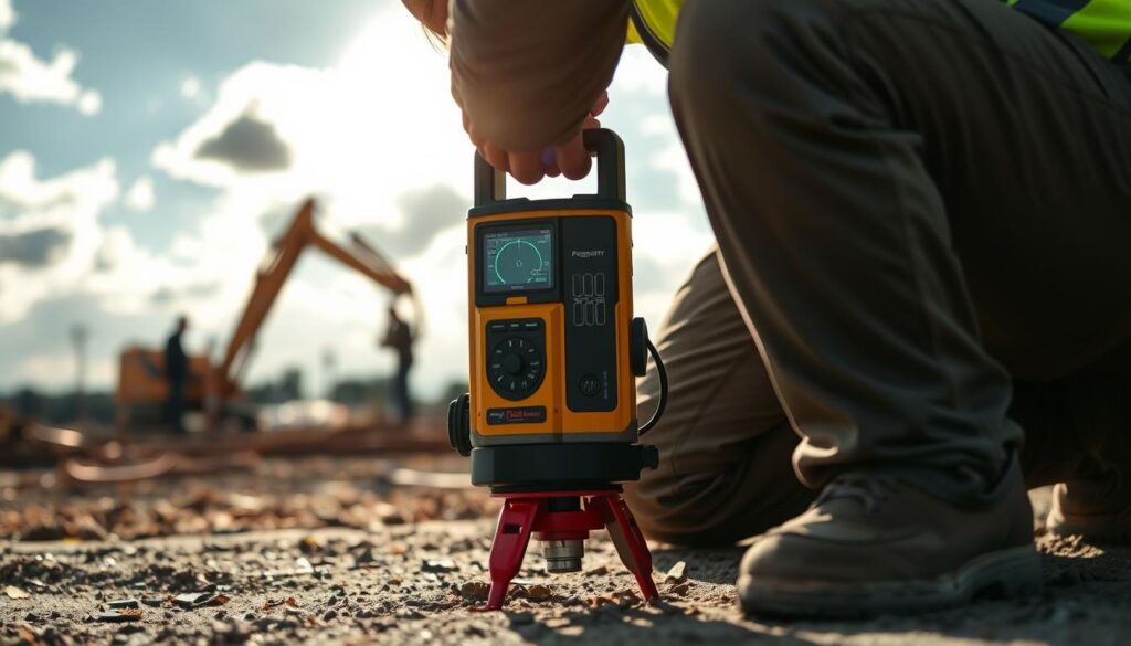 A professional magnetic locator operator diligently scanning the ground, their instrument's display showing the telltale signal of an underground utility. The scene is set in a construction site, with excavation equipment and worker silhouettes in the background. Soft, natural lighting filters through scattered clouds, casting long shadows and creating a sense of depth. The operator's focused expression and the technical details of the locator device convey the precision and care required in this specialized task. The overall mood is one of investigation and discovery, hinting at the hidden infrastructure that lies beneath the surface.