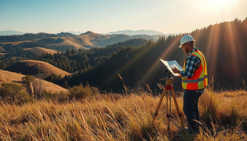 A rugged landscape of rolling hills and dense forest, with a surveyor's tripod and equipment in the foreground. The surveyor, wearing a hardhat and safety vest, stands amid tall grass, examining a map and taking measurements. Rays of warm, golden sunlight filter through the canopy, casting long shadows across the scene. The atmosphere conveys a sense of challenge and determination, as the surveyor navigates the uneven terrain and the unpredictable conditions of the field. The image captures the early days of a land surveyor's career, where expectations of an idealized profession confront the realities of the physical work. A rugged landscape of rolling hills and dense forest, with a surveyor's tripod and equipment in the foreground. The surveyor, wearing a hardhat and safety vest, stands amid tall grass, examining a map and taking measurements. Rays of warm, golden sunlight filter through the canopy, casting long shadows across the scene. The atmosphere conveys a sense of challenge and determination, as the surveyor navigates the uneven terrain and the unpredictable conditions of the field. The image captures the early days of a land surveyor's career, where expectations of an idealized profession confront the realities of the physical work.