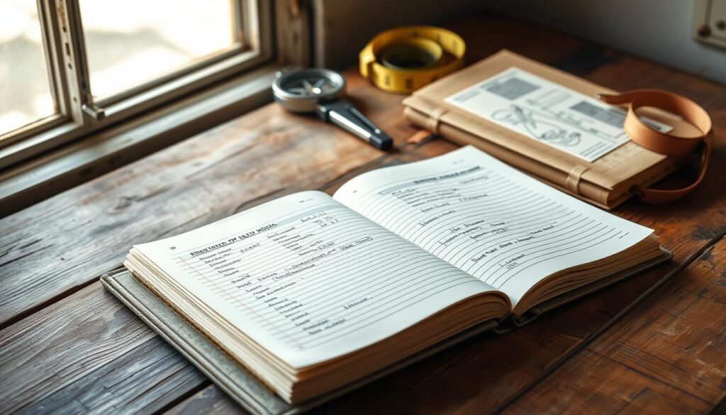 A set of rugged, waterproof field notebooks lie open on a weathered wooden table, illuminated by soft, natural lighting from a window. The books feature durable, textured covers in earthy tones, and their pages are filled with handwritten notes and sketches. In the background, a pair of surveying tools, such as a compass and a measuring tape, are neatly arranged, hinting at the practical applications of these essential field books. The overall scene conveys a sense of functionality, attention to detail, and the tangible nature of the land surveying profession.