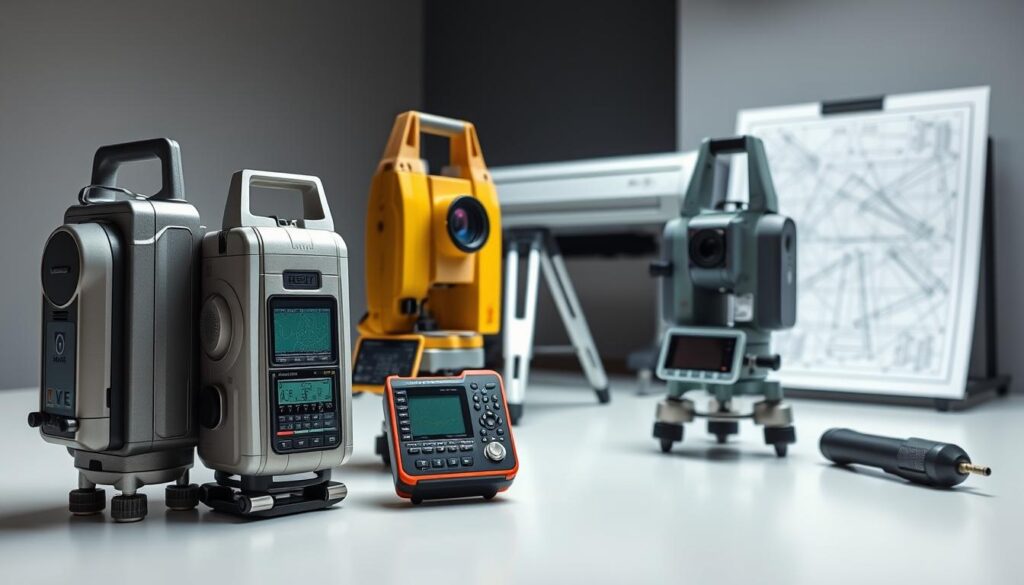 A sleek, modern arrangement of surveying equipment on a clean, minimalist workspace. In the foreground, a high-precision digital theodolite and a handheld GPS receiver sit side by side, their smooth metallic casings and backlit displays gleaming under the soft, diffused lighting. The middle ground features a sturdy, tripod-mounted total station, its advanced optics and sensors capturing measurements with unparalleled accuracy. In the background, a large format plotter silently outputs detailed maps and plans, showcasing the seamless integration of digital and analog tools in the evolving landscape of land surveying. The overall scene conveys a sense of technological sophistication, efficiency, and the continuous advancement of the surveyor's craft. A sleek, modern arrangement of surveying equipment on a clean, minimalist workspace. In the foreground, a high-precision digital theodolite and a handheld GPS receiver sit side by side, their smooth metallic casings and backlit displays gleaming under the soft, diffused lighting. The middle ground features a sturdy, tripod-mounted total station, its advanced optics and sensors capturing measurements with unparalleled accuracy. In the background, a large format plotter silently outputs detailed maps and plans, showcasing the seamless integration of digital and analog tools in the evolving landscape of land surveying. The overall scene conveys a sense of technological sophistication, efficiency, and the continuous advancement of the surveyor's craft.