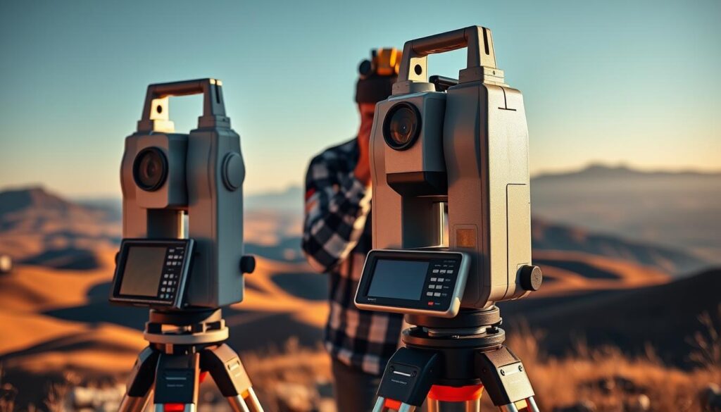 A sleek, professional-grade total station stands in the foreground, its precise digital display and sturdy tripod base showcasing the advanced surveying technology. In the middle ground, a surveyor carefully aligns the instrument, their intense focus highlighting the instrument's user-friendly controls. In the background, a sweeping landscape of rolling hills and distant peaks is captured, demonstrating the total station's exceptional range and accuracy. Warm, directional lighting casts dramatic shadows, emphasizing the total station's rugged construction and cutting-edge engineering. An atmosphere of technological innovation and scientific exploration pervades the scene, underscoring the transformative role of total stations in modern surveying.