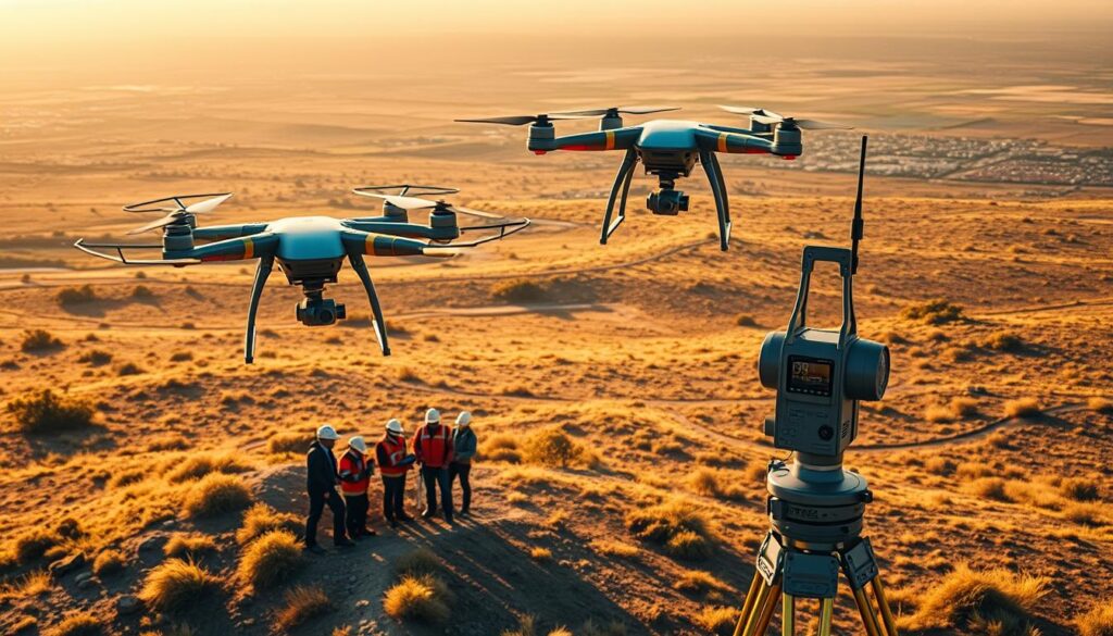 A sprawling landscape of cutting-edge land surveying technologies, bathed in warm, golden light. In the foreground, a sleek drone hovers effortlessly, its camera lens capturing detailed aerial imagery. Beside it, a team of surveyors operate a high-precision laser scanner, meticulously mapping the contours of the terrain. In the middle ground, a robust GPS system tracks position data, seamlessly integrating with a digital modeling workstation. Behind, a panoramic view unfolds, showcasing the power of these innovative tools to transform the field of land surveying, separating the professionals from the amateurs. A sprawling landscape of cutting-edge land surveying technologies, bathed in warm, golden light. In the foreground, a sleek drone hovers effortlessly, its camera lens capturing detailed aerial imagery. Beside it, a team of surveyors operate a high-precision laser scanner, meticulously mapping the contours of the terrain. In the middle ground, a robust GPS system tracks position data, seamlessly integrating with a digital modeling workstation. Behind, a panoramic view unfolds, showcasing the power of these innovative tools to transform the field of land surveying, separating the professionals from the amateurs.