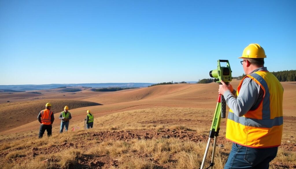 A sprawling landscape of rolling hills, dotted with surveyors diligently at work. In the foreground, a team carefully measures the terrain with high-precision surveying equipment, their fluorescent safety vests and hard hats glowing under the warm afternoon sun. In the middle ground, a surveyor marks the ground with brightly colored flags, meticulously mapping the contours. The background frames the scene with a distant treeline and a cloudless blue sky, creating a serene, professional atmosphere. The image conveys the technical expertise and practical application of roll flagging in various surveying contexts, supporting the article's focus on this important tool.