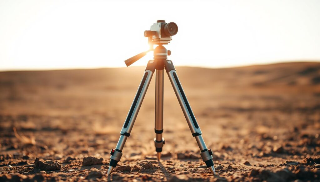 A sturdy tripod stands firmly on a level ground, its legs splayed outward for maximum stability. Sunlight streams through the open sky, casting warm tones on the metallic structure. The camera mounted atop the tripod is poised, ready to capture precise measurements of the surrounding terrain. The tripod's ball head allows for smooth, controlled adjustments, ensuring the camera remains perfectly aligned. In the foreground, the tripod's spikes bite into the soil, anchoring it securely in place. The overall scene conveys a sense of unwavering precision, the foundation for accurate site mapping.