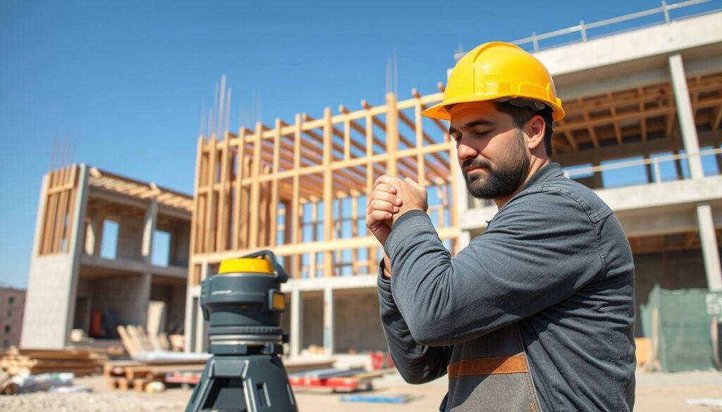 A sunny outdoor scene with a construction worker intently examining a leveling grade rod against the backdrop of an unfinished building site. In the foreground, the worker meticulously adjusts the rod, carefully aligning it to ensure precise measurements. The middle ground showcases the partially constructed structure, its skeletal framework rising against a clear blue sky. In the background, construction materials and equipment are neatly organized, conveying a sense of order and preparedness. The overall atmosphere is one of focused attention and attention to detail, setting the stage for the accurate measurements essential to the project's success.