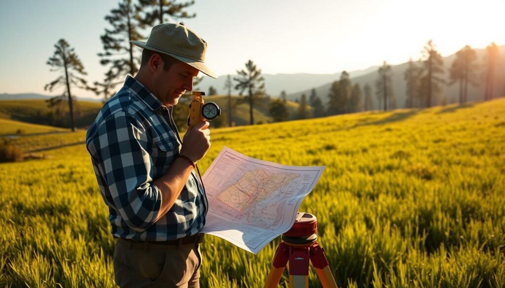 A surveyor standing in a lush, verdant field, intently studying a detailed map while using a compass and transit to precisely measure angles and distances. The sun casts warm, directional lighting, casting long shadows that accentuate the surveyor's focused movements. In the background, rolling hills and towering pine trees stretch out, creating a sense of expansive exploration. The scene conveys the foundational techniques of directional reference, with the surveyor's tools and meticulous attention to detail reflecting the precise nature of their craft. A surveyor standing in a lush, verdant field, intently studying a detailed map while using a compass and transit to precisely measure angles and distances. The sun casts warm, directional lighting, casting long shadows that accentuate the surveyor's focused movements. In the background, rolling hills and towering pine trees stretch out, creating a sense of expansive exploration. The scene conveys the foundational techniques of directional reference, with the surveyor's tools and meticulous attention to detail reflecting the precise nature of their craft.