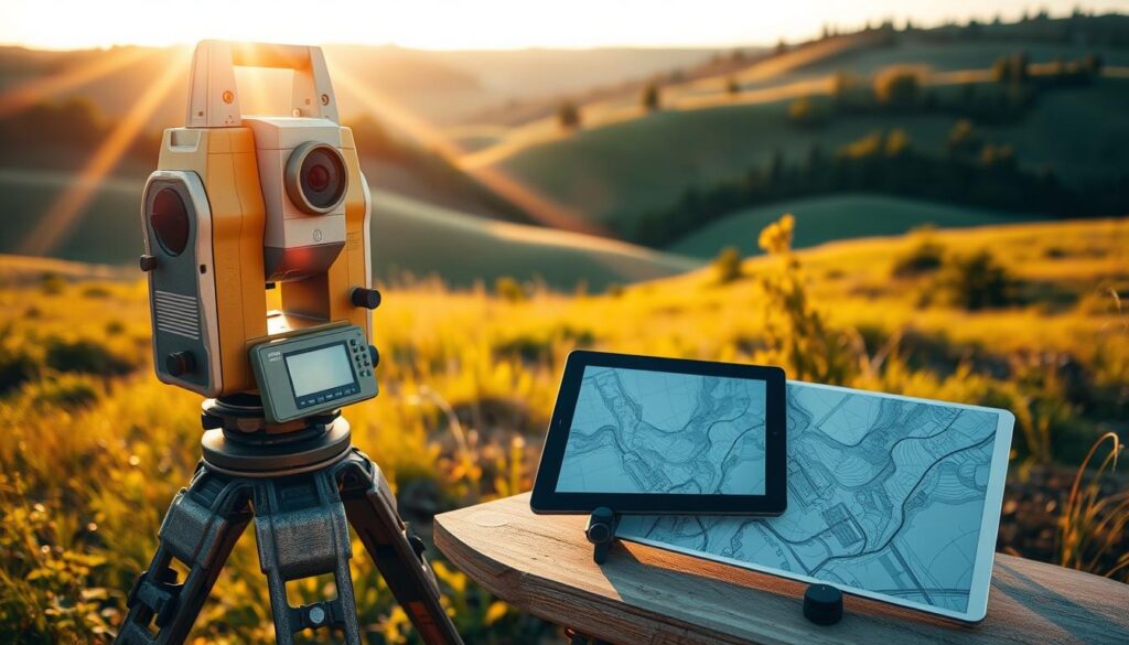 A surveyor's workstation in a serene outdoor setting, illuminated by warm, golden sunlight. In the foreground, a high-precision total station stands tall, its sleek metal casing glistening. Beside it, a rugged, weathered tripod provides a sturdy base. In the middle ground, a digital tablet displays intricate topographical maps, reflecting the evolution of surveying technology. In the background, rolling hills and lush greenery set the stage, evoking a sense of tranquility and the timeless nature of this essential discipline. The scene conveys the convergence of cutting-edge tools and the enduring beauty of the natural world, capturing the essence of the "Evolution of Surveying Technology."