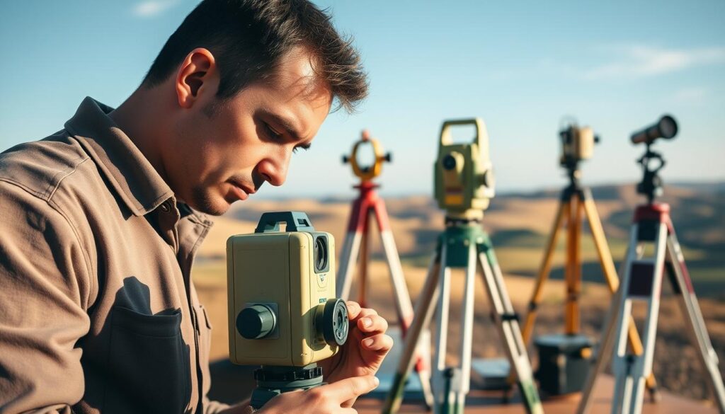 A technician carefully examines the accuracy of a leveling instrument, surrounded by a well-equipped surveying workstation. The scene is illuminated by soft, natural lighting, casting subtle shadows that highlight the intricate details of the equipment. In the foreground, the leveling instrument's precision mechanisms are visible, inviting the viewer to appreciate the engineering behind this essential surveying tool. The middle ground features various surveying tools, including a transit, a theodolite, and a tripod, all arranged in a harmonious layout. The background showcases a picturesque outdoor setting, with rolling hills and a clear sky, hinting at the diverse applications of these precision instruments in the field. A technician carefully examines the accuracy of a leveling instrument, surrounded by a well-equipped surveying workstation. The scene is illuminated by soft, natural lighting, casting subtle shadows that highlight the intricate details of the equipment. In the foreground, the leveling instrument's precision mechanisms are visible, inviting the viewer to appreciate the engineering behind this essential surveying tool. The middle ground features various surveying tools, including a transit, a theodolite, and a tripod, all arranged in a harmonious layout. The background showcases a picturesque outdoor setting, with rolling hills and a clear sky, hinting at the diverse applications of these precision instruments in the field.