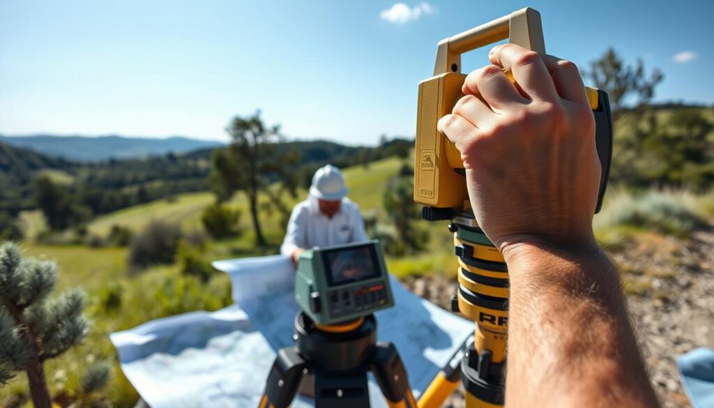 A technician operating a modern land surveying theodolite in a sunlit outdoor setting. The foreground shows the surveyor's hands carefully adjusting the tripod-mounted instrument, its precise optics and digital display visible. In the middle ground, the surveyor studies a topographic map, planning the next measurement. The background depicts a lush natural landscape of rolling hills, trees, and a clear blue sky, conveying the peaceful, methodical nature of the surveying process. The image is captured with a wide-angle lens to accentuate the scale and setting of the surveying work.