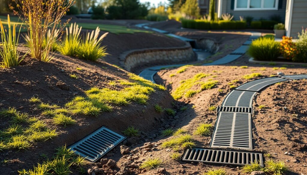 A tranquil landscape showcasing effective drainage solutions. In the foreground, a series of strategically placed drainage channels and grates seamlessly blending into the terrain, capturing and diverting rainwater runoff. In the middleground, a well-designed swale or dry creek bed, its natural contours guiding the flow of water away from the property. In the background, lush vegetation and a subtle slope directing water away from the building foundations. Warm, natural lighting casts soft shadows, emphasizing the thoughtful integration of these drainage elements into the overall site design. A sense of balance and harmony, where form and function coexist to manage rainwater efficiently and sustainably. A tranquil landscape showcasing effective drainage solutions. In the foreground, a series of strategically placed drainage channels and grates seamlessly blending into the terrain, capturing and diverting rainwater runoff. In the middleground, a well-designed swale or dry creek bed, its natural contours guiding the flow of water away from the property. In the background, lush vegetation and a subtle slope directing water away from the building foundations. Warm, natural lighting casts soft shadows, emphasizing the thoughtful integration of these drainage elements into the overall site design. A sense of balance and harmony, where form and function coexist to manage rainwater efficiently and sustainably.