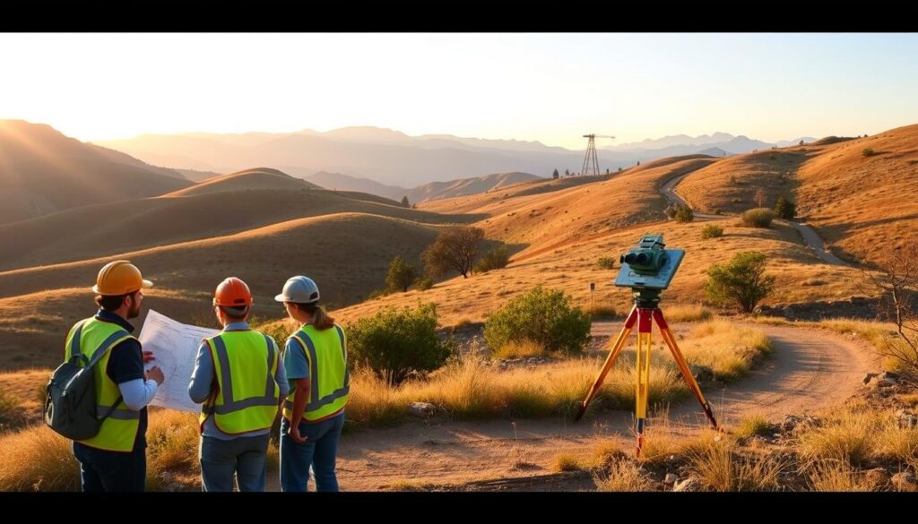 A tranquil outdoor scene showcasing a land surveying course. In the foreground, a group of students in hard hats and safety vests stand around a surveyor's tripod, intently studying a topographic map. The middle ground features an undulating terrain with rolling hills, scattered trees, and a winding path leading deeper into the landscape. In the distance, a picturesque mountain range rises up, bathed in soft, golden light from the setting sun. The scene conveys a sense of learning, exploration, and connection with the natural world, ideal for illustrating a section on top land surveying programs.