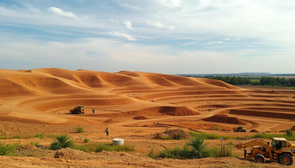A vast expanse of undeveloped land, gently sloping and dotted with sparse vegetation. In the foreground, a team of heavy machinery operators carefully sculpt the earth, carving out terraces and contours. The midground reveals mounds of freshly excavated soil, awaiting redistribution. Overhead, a warm, diffused light filters through wispy clouds, casting soft shadows that accentuate the undulating terrain. In the background, the silhouettes of distant trees and structures hint at the future development to come. This scene captures the essential process of land grading, a critical step in site preparation for construction, infrastructure, and sustainable landscape design. A vast expanse of undeveloped land, gently sloping and dotted with sparse vegetation. In the foreground, a team of heavy machinery operators carefully sculpt the earth, carving out terraces and contours. The midground reveals mounds of freshly excavated soil, awaiting redistribution. Overhead, a warm, diffused light filters through wispy clouds, casting soft shadows that accentuate the undulating terrain. In the background, the silhouettes of distant trees and structures hint at the future development to come. This scene captures the essential process of land grading, a critical step in site preparation for construction, infrastructure, and sustainable landscape design.