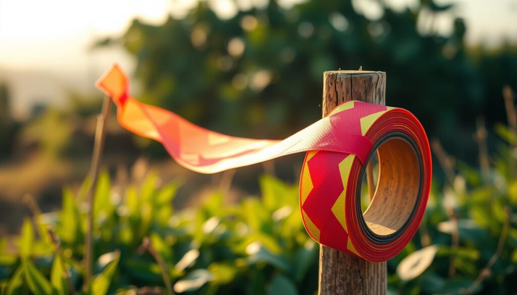 A vibrant and eco-friendly flagging tape, gently swaying in a natural breeze, its biodegradable material catching the soft, warm light of an afternoon sun. The tape's surface has a matte, organic texture, contrasting with the crisp, clean lines of its geometric pattern. In the foreground, the tape appears to be secured to a wooden stake, blending seamlessly with the surrounding lush, verdant foliage. The background features a hazy, out-of-focus landscape, hinting at the natural setting where this sustainable surveying tool is being used.