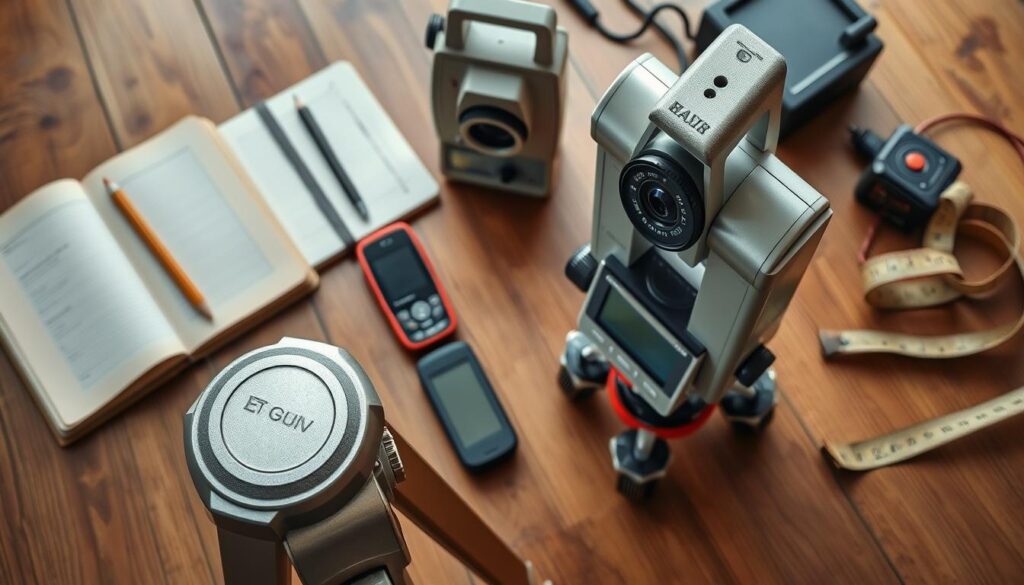 A well-lit, high-angle view of a professional land surveyor's field equipment on a wooden table. In the foreground, a high-precision theodolite and tripod stand prominently, their metallic surfaces gleaming. In the middle ground, an electronic total station and a handheld GPS receiver are neatly arranged, highlighting the latest advancements in surveying technology. In the background, a weathered field notebook, pencils, and a rugged measuring tape convey the importance of traditional methods. The overall scene exudes a sense of expertise, attention to detail, and the essential role of quality tools in the land surveying profession.