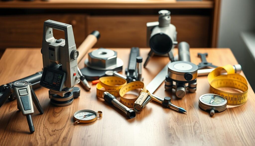 A well-lit, high-resolution image of an array of professional land surveying tools, including a theodolite, tripod, measuring tape, surveyor's compass, and other precision instruments, arranged on a clean, polished wooden table. The tools should be depicted with meticulous attention to detail, highlighting their intricate design and functionality. The lighting should create a sense of depth and emphasize the metallic and glass surfaces of the instruments. The overall composition should convey a mood of technical expertise, accuracy, and professionalism, suitable for illustrating the "Key Applications of Theodolites in Modern Industries" section of the article.