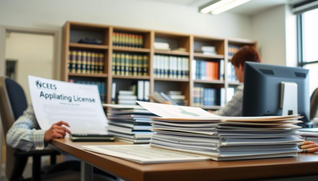 A well-lit, modern office interior with a desk, computer, and various office supplies. In the foreground, a person is seated, intently reviewing documents and forms related to a surveying license application process. The middle ground features a stack of organized files and a well-designed application form, conveying a sense of professionalism and attention to detail. The background showcases a bookshelf filled with technical manuals and references, creating an atmosphere of expertise and knowledge. The overall scene exudes a calm, focused, and efficient atmosphere, reflecting the streamlined nature of the NCEES Record process for multi-state surveying licensing. A well-lit, modern office interior with a desk, computer, and various office supplies. In the foreground, a person is seated, intently reviewing documents and forms related to a surveying license application process. The middle ground features a stack of organized files and a well-designed application form, conveying a sense of professionalism and attention to detail. The background showcases a bookshelf filled with technical manuals and references, creating an atmosphere of expertise and knowledge. The overall scene exudes a calm, focused, and efficient atmosphere, reflecting the streamlined nature of the NCEES Record process for multi-state surveying licensing.