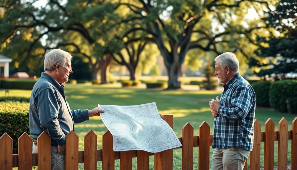 A well-lit outdoor scene depicting a neighborly discussion to resolve an encroachment issue. In the foreground, two middle-aged neighbors stand facing each other, gesturing amicably as they examine a survey map spread out on a wooden fence post. Their expressions convey a sense of understanding and willingness to find a compromise. In the middle ground, a well-manicured suburban yard with neatly trimmed hedges and a picket fence frame the scene. The background features a row of tall oak trees swaying gently in a soft breeze, hinting at a peaceful, park-like setting. Warm, natural lighting bathes the entire composition, creating an atmosphere of cordial cooperation and harmonious resolution. A well-lit outdoor scene depicting a neighborly discussion to resolve an encroachment issue. In the foreground, two middle-aged neighbors stand facing each other, gesturing amicably as they examine a survey map spread out on a wooden fence post. Their expressions convey a sense of understanding and willingness to find a compromise. In the middle ground, a well-manicured suburban yard with neatly trimmed hedges and a picket fence frame the scene. The background features a row of tall oak trees swaying gently in a soft breeze, hinting at a peaceful, park-like setting. Warm, natural lighting bathes the entire composition, creating an atmosphere of cordial cooperation and harmonious resolution.