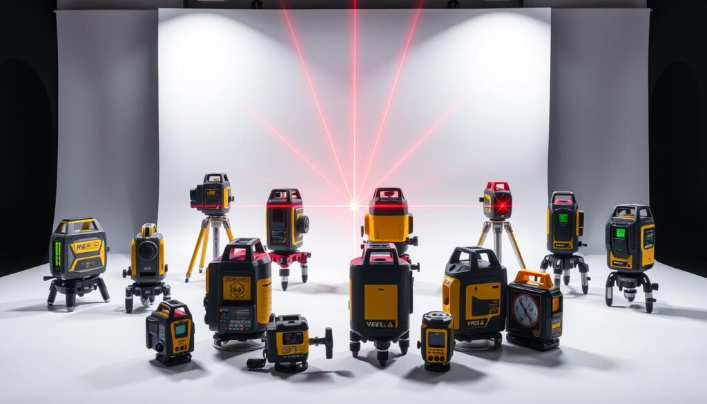 A well-lit studio setup showcasing a comparative display of various laser levels. In the foreground, an assortment of laser level devices, each with a distinct design and feature set, arranged in a visually appealing manner. The middle ground depicts the laser beams emitted from each level, demonstrating their precision and range. The background features a clean, minimalist backdrop, allowing the laser levels to be the focal point. Careful attention is paid to the lighting, creating a crisp, high-quality image that highlights the technical details and capabilities of the laser level tools.
