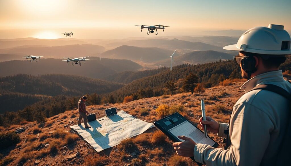 An expansive aerial view of a renewable energy survey team at work, captured through the lens of a high-resolution camera. In the foreground, technicians operate cutting-edge surveying equipment, meticulously mapping the terrain and collecting data on wind patterns, solar radiation, and geothermal resources. In the middle ground, a fleet of drones takes to the skies, their sensors scanning the landscape for optimal renewable energy sites. The background showcases a breathtaking panorama of rolling hills, lush forests, and a shimmering horizon, bathed in golden sunlight that casts a warm, inviting glow over the entire scene. The overall atmosphere conveys a sense of exploration, innovation, and the boundless potential of renewable energy. An expansive aerial view of a renewable energy survey team at work, captured through the lens of a high-resolution camera. In the foreground, technicians operate cutting-edge surveying equipment, meticulously mapping the terrain and collecting data on wind patterns, solar radiation, and geothermal resources. In the middle ground, a fleet of drones takes to the skies, their sensors scanning the landscape for optimal renewable energy sites. The background showcases a breathtaking panorama of rolling hills, lush forests, and a shimmering horizon, bathed in golden sunlight that casts a warm, inviting glow over the entire scene. The overall atmosphere conveys a sense of exploration, innovation, and the boundless potential of renewable energy.